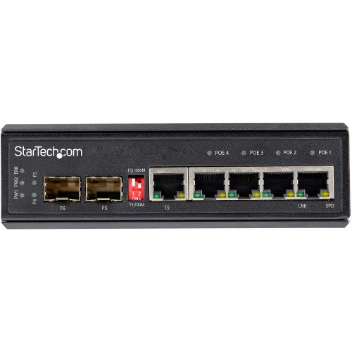 StarTech.com Industrial 6 Port Gigabit Ethernet Switch - 4 PoE RJ45 +2 SFP Slots 30W PoE+ 12-48VDC 10/100/1000 Rugged Power Over Ethernet LAN Switch -40C to 75C - DIN Mountable