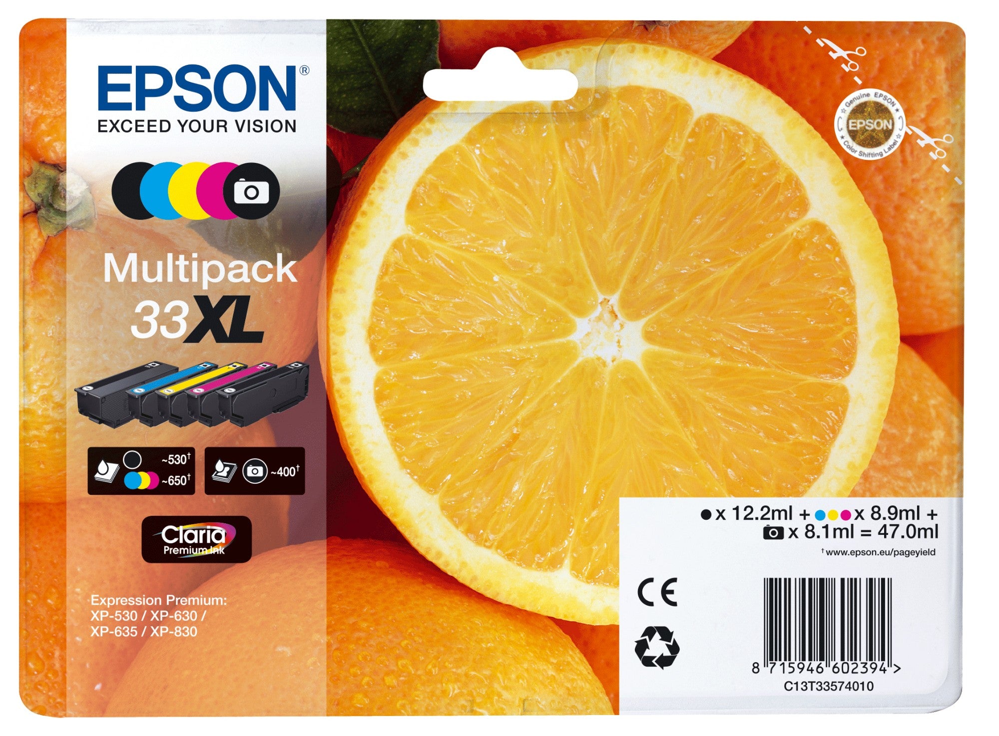 Epson C13T33574011/33XL Ink cartridge multi pack high-capacity Bk,C,M,Y,PBK EasyMail 12,2ml+3x8,9ml+8,1ml Pack=5 for Epson XP 530