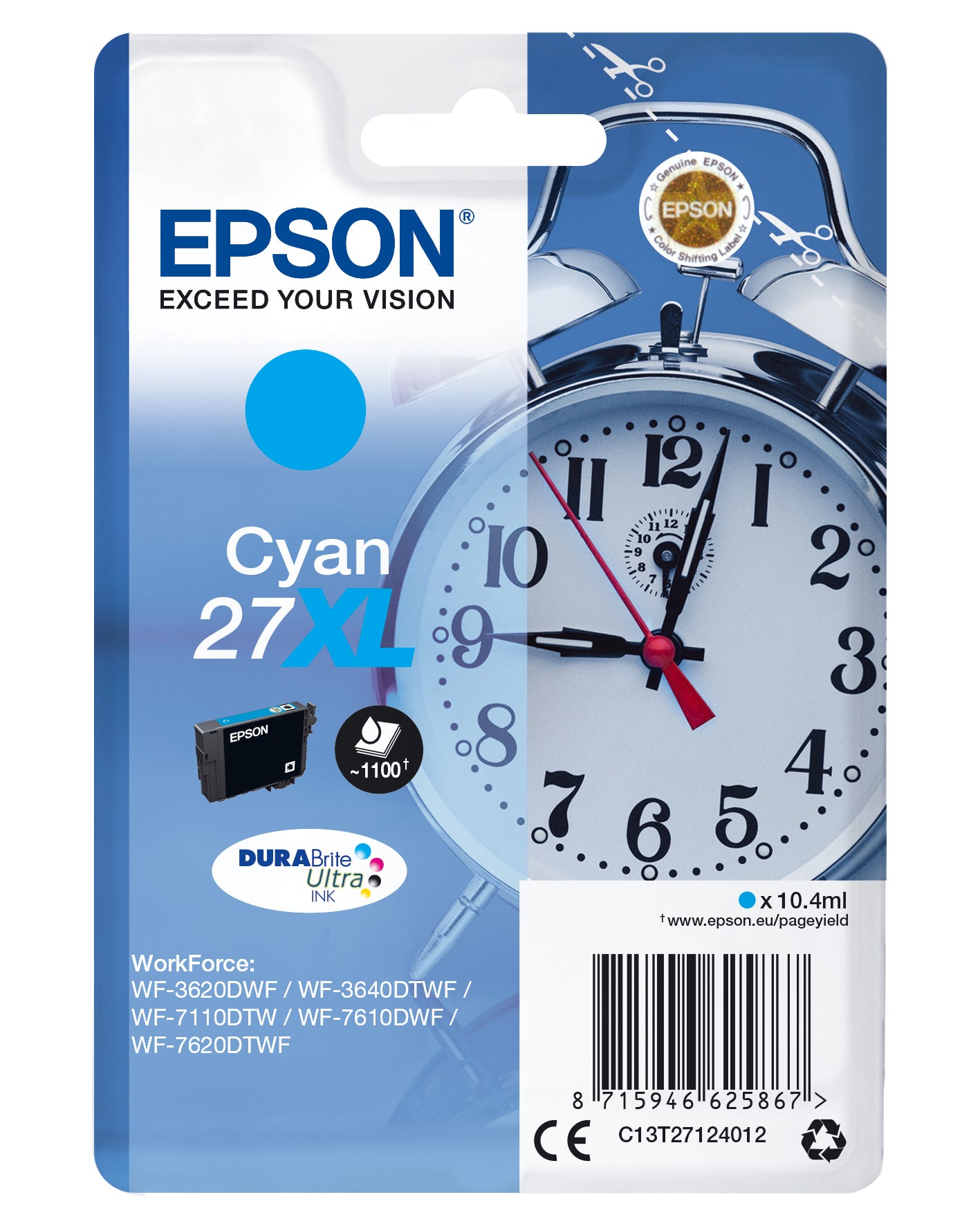 Epson C13T27124010/27XL Ink cartridge cyan high-capacity, 1.1K pages 10.4ml for Epson WF 3620