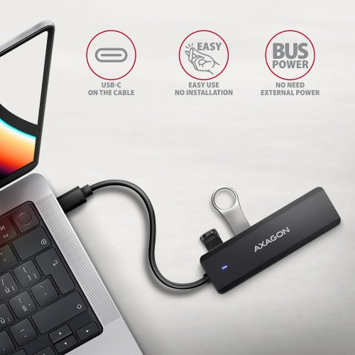 Axagon HUE-C1C 4x USB 5Gbps TRAVEL hub, USB-C power IN, 19cm USB-C cable