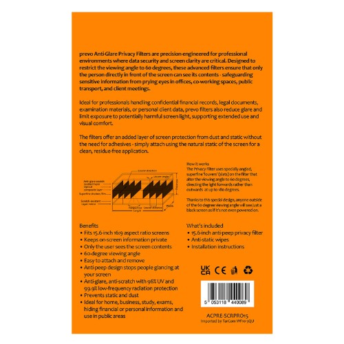 PREVO 15.6 Inch Anti-Glare Laptop Privacy Screen Filter, Anti-Peep, Anti-Static 39.6 cm (15.6") Frameless display privacy filter