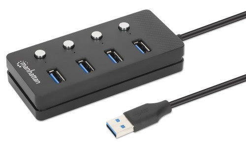Manhattan USB-C Dock/Hub, Ports (x4) with on/off switch for each port: USB-A (x4), 5 Gbps (USB 3.2 Gen1 aka USB 3.0), Universal for all devices, Bus or AC powered (optional jack, not included), Cable 1.5m, SuperSpeed USB, Black, Three Year Warranty