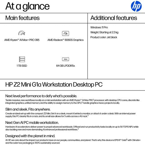 HP Z2 Mini G1a Copilot+ PC AMD Ryzen AI Max+ PRO PRO 395 64 GB LPDDR5x-SDRAM 1 TB SSD Windows 11 Pro Mini PC Workstation AI Workstation, AI PC Black