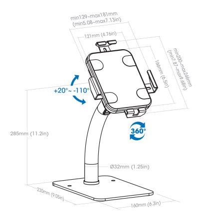 Manhattan Desktop Kiosk Stand (Anti theft) for Tablet and iPad, Universal, 360° Rotation, Tilt +20° to -110°, White, Lockable, Countertop Holder for 7.9" to 11" Tablets, Extendable clamps: height 200 to 246mm/width 129 to 181mm, Lifetime warranty