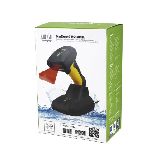 Adesso NuScan 5200TR - 2.4GHz RF Wireless Antimicrobial &amp; Waterproof 2D Barcode Scanner