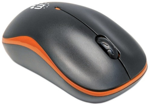 Manhattan Success Wireless Mouse, Black/Orange, 1000dpi, 2.4Ghz (up to 10m), USB, Optical, Three Button with Scroll Wheel, USB micro receiver, AA battery (included), Low friction base, Three Year Warranty