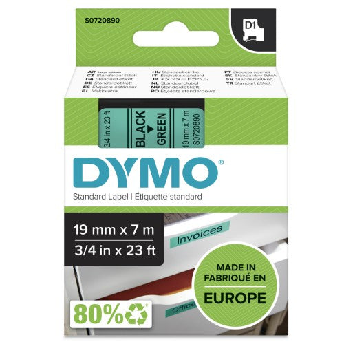 Dymo 45809/S0720890 DirectLabel-etikettes black on green 19mm x 7m for Dymo D1 6-19mm/24mm/400 Duo