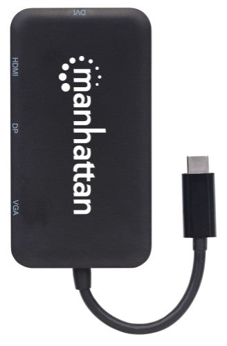 Manhattan USB-C Dock/Hub, Ports (x4): DisplayPort, DVI-I, HDMI or VGA, Note: Only One Port can be used at a time, External Power Supply Not Needed, Universal for all devices, Cable 8cm, Black, Three Year Warranty