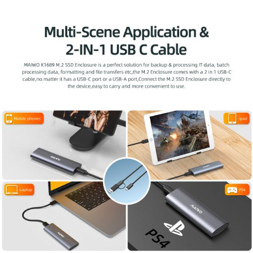 MAIWO M.2 NVME SATA SSD Enclosure Adapter Tool-Free, RTL9210B Chips, USB C 3.1 Gen 2 10Gbps NVME, 6Gbps SATA PCIe M-Key(B+M Key), External Solid State Drive Support UASP Trim for 2242/2260/2280