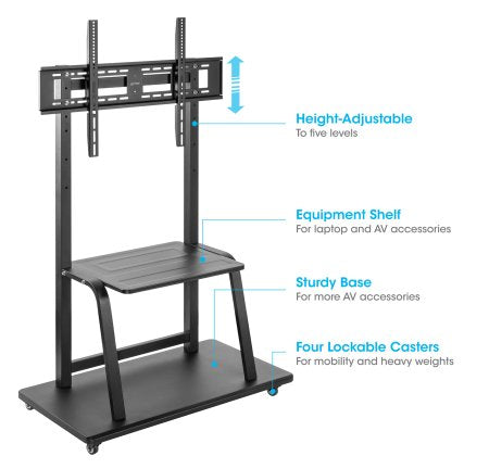 Manhattan Trolley Mount Stand for TV & Monitors, For screens 37" to 100", VESA compatability: all between 200x200 to 800x600mm - check the dimensions of the four mounting holes on back of screen to ensure it fits, Max 150kg, Height-adjustable to four leve