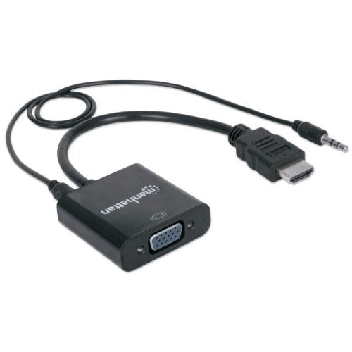 Manhattan HDMI to VGA (with Audio) Converter cable, 1080p, 30cm, Male to Female, Micro-USB Power Input Port for additional power if needed, Black, Three Year Warranty