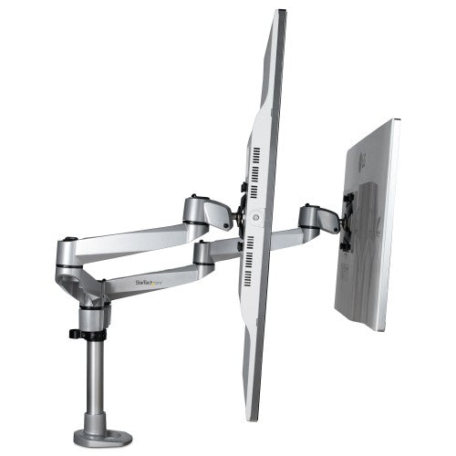 StarTech.com Desk Mount Dual Monitor Arm - Premium Articulating Monitor Arm - up to 30” VESA Mount Displays - Height Adjustable Monitor Mount - Rotate/Tilt/Swivel - Clamp/Grommet - Silver