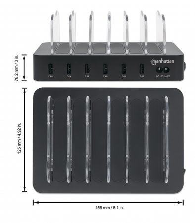 Manhattan Charging Station, 6x USB-A Ports, Outputs: 6x 2.4A, Smart IC, LED Indicator Lights, Black, Three Year Warranty