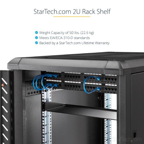 StarTech.com 2U Server Rack Shelf - Universal Rack Mount Cantilever Shelf for 19" Network Equipment Rack & Cabinet - Heavy Duty Steel – Weight Capacity 50lb/23kg - 22" Deep Tray, Black