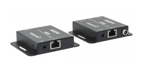 Manhattan 4K HDMI over Ethernet Extender Kit, Extends 4K@30Hz signal up to 40m or a 1080p@60Hz signal up to 70m with a single Cat6 Ethernet Cable, Transmitter and Receiver, Power over Cable (PoC), Black, Three Year Warranty