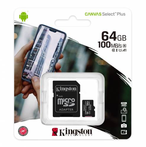 Kingston Technology Canvas Select 64GB micSDXC Plus 100R A1 C10 Card + ADP