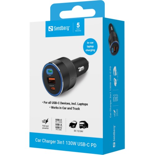 Sandberg Car Charger 3in1 130W USB-C PD