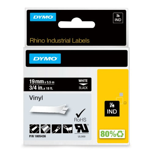 Dymo 1805436 Ribbon Vinyl white on black 19mmx5,5m for Dymo Rhino 6-19mm/24mm