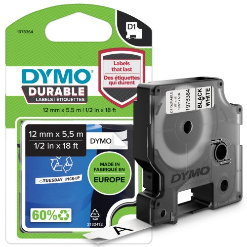 Dymo 1978364 DirectLabel-etikettes black on white Vinyl 12mm x 5,5mm for Dymo D1 6-12mm/19mm/24mm/9-12mm/9-19mm