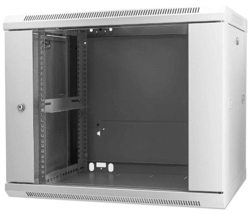 Intellinet 19" Network Cabinet - Wall Mount (Standard), 9U, 450mm Deep, Grey, Assembled, Max 60kg, Suitable also for use on desk or floor, Usable Depth 350mm, Metal & Glass Door, Back Panel, Removeable Sides, Parts for wall install (eg screws/rawl plugs)