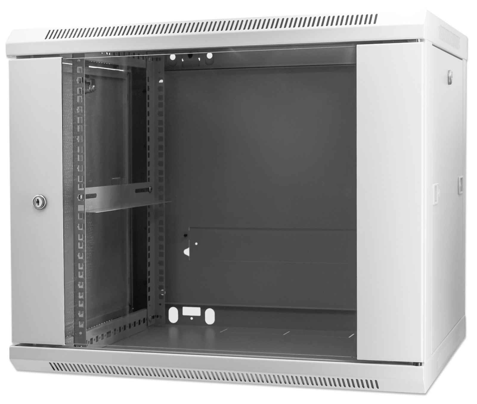 Intellinet Network Cabinet, Wall Mount (Standard), 9U, Usable Depth 350mm/Width 540mm, Grey, Assembled, Max 60kg, Metal & Glass Door, Back Panel, Removeable Sides, Suitable also for use on desk or floor, 19",Parts for wall install (eg screws/rawl plugs) n