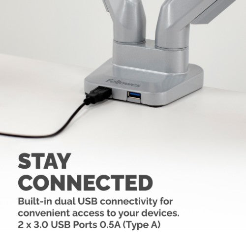 Fellowes Platinum Series Dual Monitor Arm - Monitor Mount for Two 8KG 40 Inch Screens - Adjustable Dual Monitor Desk Mount - Tilt 45° Pan 180ᵒ Swivel 360ᵒ Rotation 360ᵒ, VESA 75 x 75/100 x 100 - Silver
