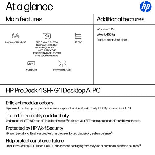 HP ProDesk 4 SFF G1i AI PC Intel Core Ultra 7 265 16 GB DDR5-SDRAM 1 TB SSD Windows 11 Pro Black