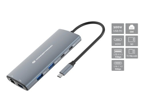 Conceptronic DONN06G 10-in-1 USB 3.2 Gen 1 Docking Station, HDMI, 100W USB PD, USB-C 5Gbps x 2, USB-A 5Gbps x 3, SD, TF/MicroSD, GbE