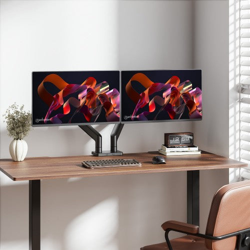 Manhattan Dual Desk Mount for TV & Monitors (Full Motion Spring), For screens 13" to 45", Clamp or Grommet Assembly, VESA compatibility: 75x75 and 100x100mm - check the dimensions of the four mounting holes on back of screen to ensure it fits, Max 20kg (e