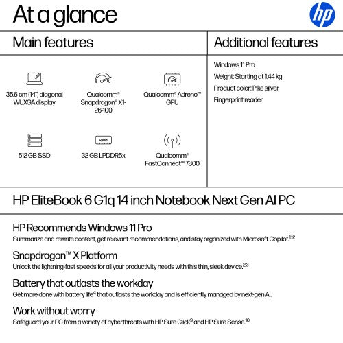 HP EliteBook 6 G1q Next Gen AI PC Copilot+ PC Snapdragon X1-26-100 Laptop 35.6 cm (14") WUXGA 32 GB LPDDR5x-SDRAM 512 GB SSD Wi-Fi 7 (802.11be) Windows 11 Pro Silver