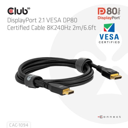 CLUB3D DisplayPort™ 2.1 VESA DP80 Certified Cable 8K240Hz 2m/6.56ft