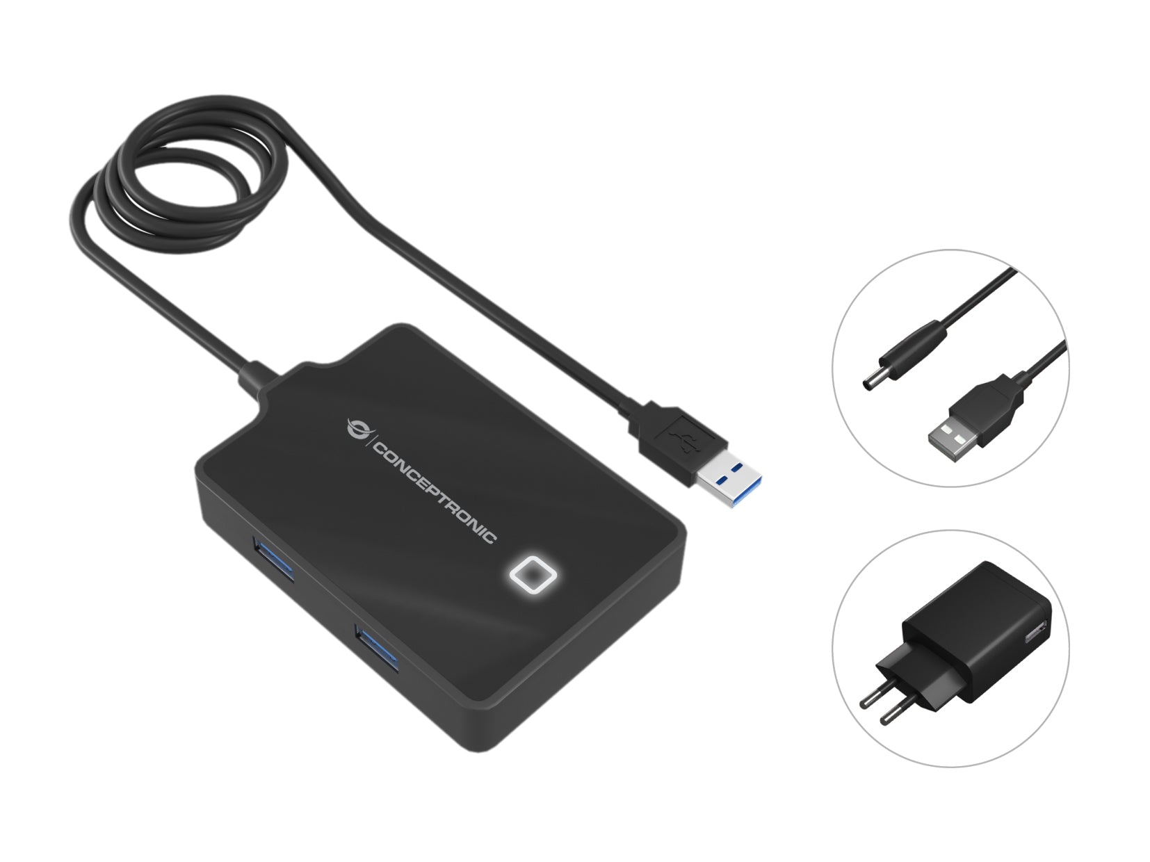 Conceptronic HUBBIES 4-Port USB 3.0 HUB with Power Adapter, 90cm cable