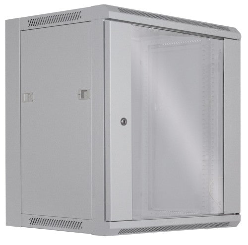Intellinet 19" Network Cabinet - Wall Mount (Standard), 12U, 450mm Deep, Grey, Flatpack, Max 60kg, Suitable also for use on desk or floor, Usable Depth 260mm, Metal & Glass Door, Back Panel, Removeable Sides, Parts for wall install (eg screws/rawl plugs)