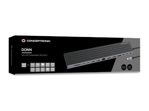 Conceptronic DONN32B 14-in-1 MST Docking Station USB 3.2 Gen 1, HDMI x 2, DP, GbE LAN, USB-A 5Gbps x 3, USB-C 5Gbps x 2, SD, TF/MicroSD, 3.5mm headset, Security Slot, 100W USB PD