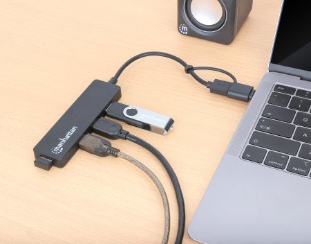 Manhattan USB-C & USB-A Combo Dock/Hub, Ports (4): USB-A (x4), 5 Gbps (USB 3.2 Gen1 aka USB 3.0), External Power Supply Not Needed, Universal for all devices, SuperSpeed USB, Black, Three Year Warranty