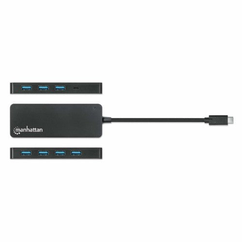 Manhattan USB-C Dock/Hub, Ports (x7): USB-A (x7), 5 Gbps (USB 3.2 Gen1 aka USB 3.0), External Power Supply Not Needed, Universal for all devices, Cable 15cm, SuperSpeed USB, Black, Three Year Warranty