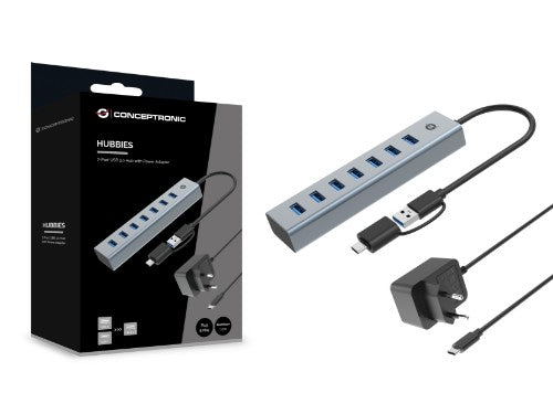 Conceptronic HUBBIES21GP 7-Port USB 3.0 Hub with Power Adapter, 5Gbps, USB-A x 7