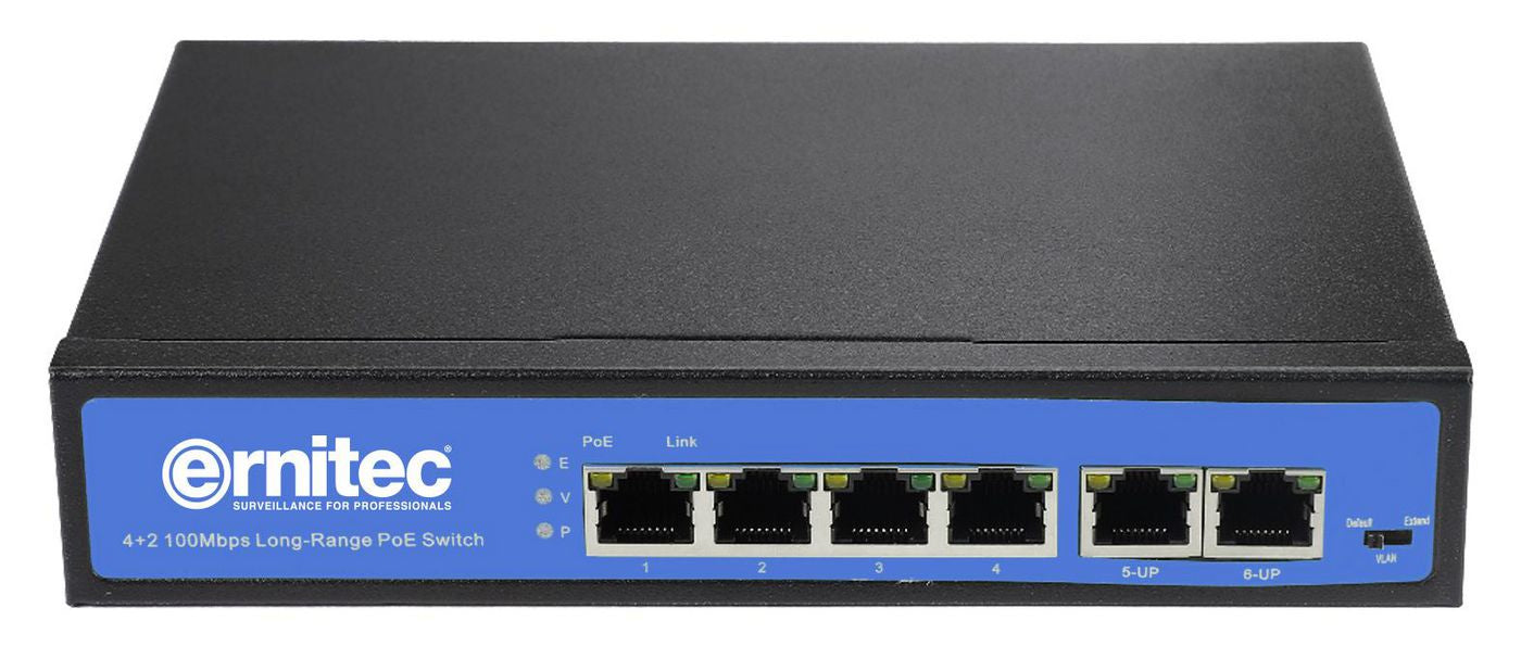 Ernitec Unmanaged, 4 x 10/100Mbps PoE Ports, 2 x 10/100Mbps RJ45 Uplink Ports