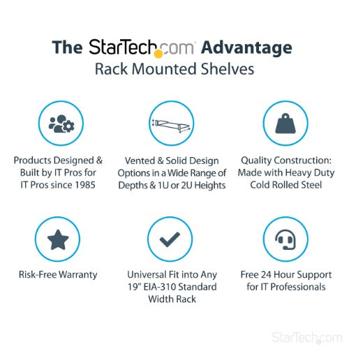StarTech.com 2U Server Rack Shelf - Universal Rack Mount Cantilever Shelf for 19" Network Equipment Rack & Cabinet - Heavy Duty Steel – Weight Capacity 125lb/56kg - 18" Deep Tray, Black