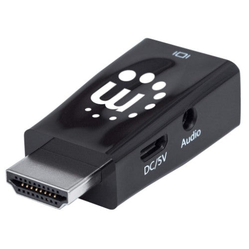 Manhattan HDMI to VGA (with Audio) Converter, 1080p, Male to Female, Micro-USB Power Input Port for additional power if needed, Black, Three Year Warranty