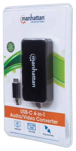 Manhattan USB-C Dock/Hub, Ports (x4): DisplayPort, DVI-I, HDMI or VGA, Note: Only One Port can be used at a time, External Power Supply Not Needed, Universal for all devices, Cable 8cm, Black, Three Year Warranty