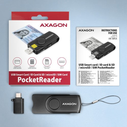 Axagon CRE-SMP2A USB Smart card & SD/microSD/SIM PocketReader smart card reader Indoor USB Type-A/USB Type-C Black
