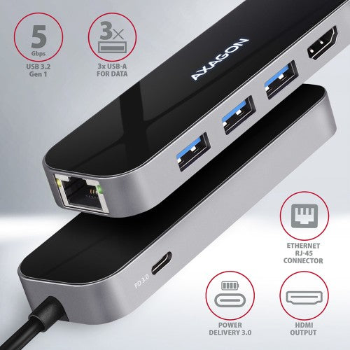 Axagon HMC-6GL USB 3.2 Gen 1 hub, 3x USB-A, HDMI 4k/30Hz, RJ-45, PD 100W, 20cm USB-C cable