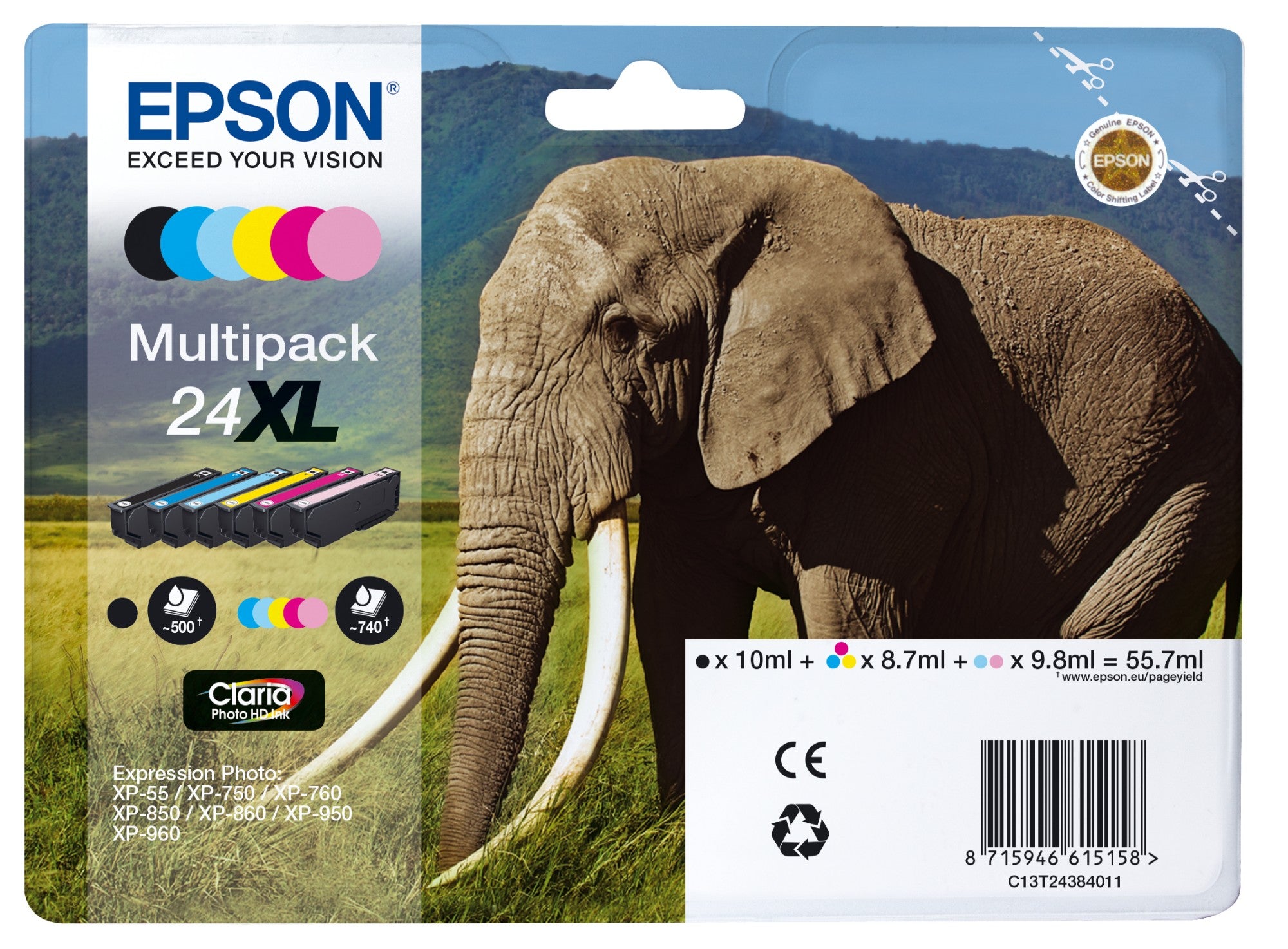 Epson C13T24384021/24XL Ink cartridge multi pack Bk,C,M,Y,LC,LM high-capacity Blister Radio Frequency 500pg + 5x740 pg, 1x10ml + 3x9ml + 2x10ml Pack=6 for Epson XP 750