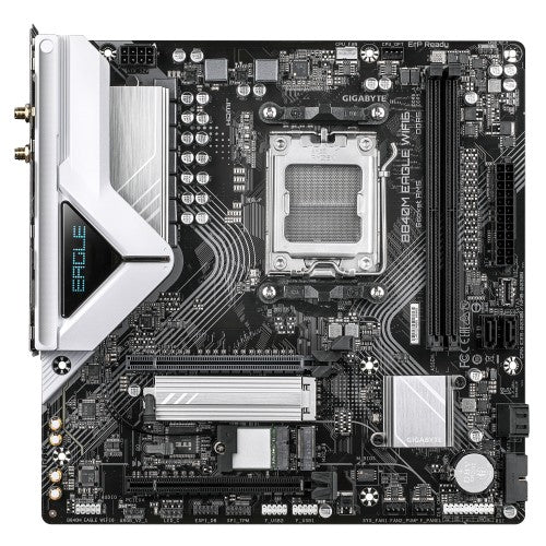 GIGABYTE B840M EAGLE WIFI6 Motherboard - AMD Ryzen 9000 CPUs, 5+2+2 Phases VRM, up to 7600MHz DDR5(O.C), 1xPCIe 4.0 + 1xPCIe 3.0 M.2, Wi-Fi 6, 2.5GbE LAN, USB 3.2 Gen 1