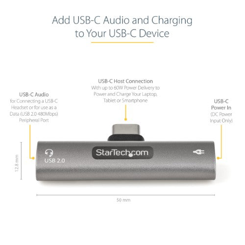 StarTech.com USB C Audio & Charge Adapter - USB-C Audio Adapter w/ USB-C Audio Headphone/Headset Port and 60W USB Type-C Power Delivery Pass-through Charger - For USB-C Phone/Tablet/Laptop