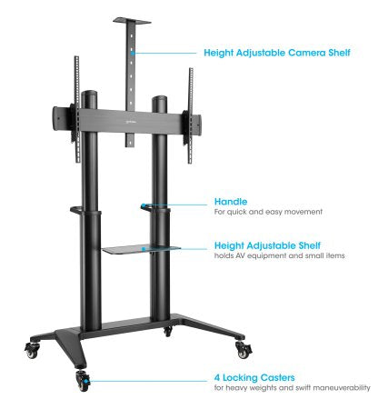 Manhattan Trolley Mount Stand for TV & Monitors, For screens: 70" to 120", VESA compatability: all between 200x200 to 1000x600mm - check the dimensions of the four mounting holes on back of screen to ensure it fits, Max 140kg, Height adjustable 1250 to 16