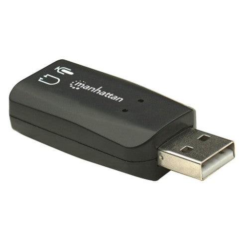 Manhattan USB-A Sound Adapter, USB-A to 3.5mm Mic-in and Audio-Out ports, 480 Mbps (USB 2.0), supports 3D and virtual 5.1 surround sound, Hi-Speed USB, Black, Three Year Warranty