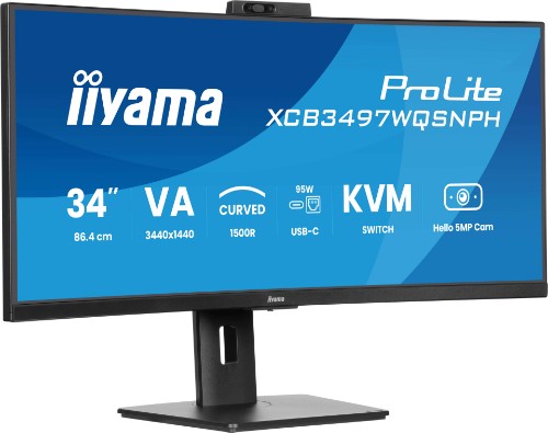 iiyama ProLite 34’’ VA UWQHD curved monitor with a built-in Windows Hello camera and microphone, USB-C Dock, LAN, KVM-Switch and 15cm height adjustable stand