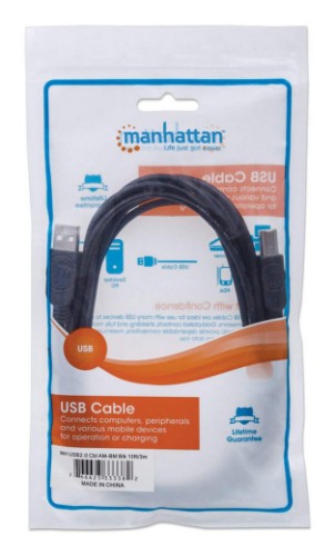 Manhattan USB-A to USB-B Cable, 5m, Male to Male, 480 Mbps (USB 2.0), Hi-Speed USB, Black, Lifetime Warranty, Equivalent to USB2HAB5M.